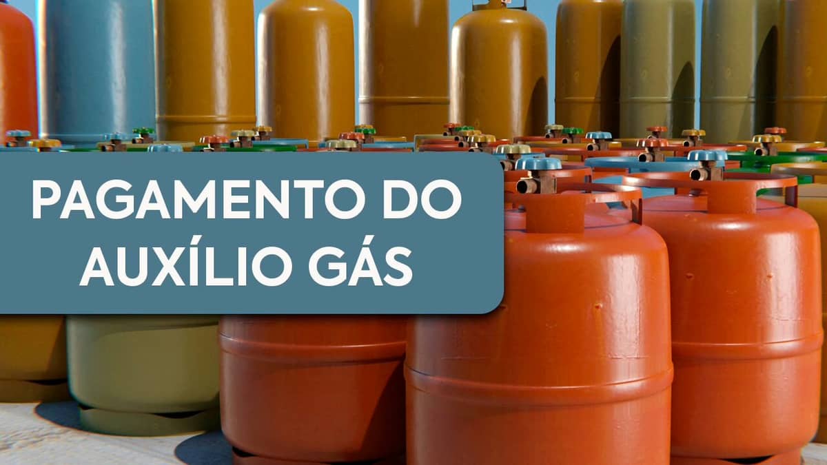 Botijões de gás e escrito "Pagamento do Auxílio Gás"