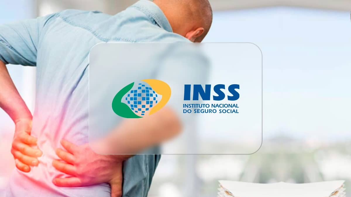 Homem com mãos nas costas e logo do INSS