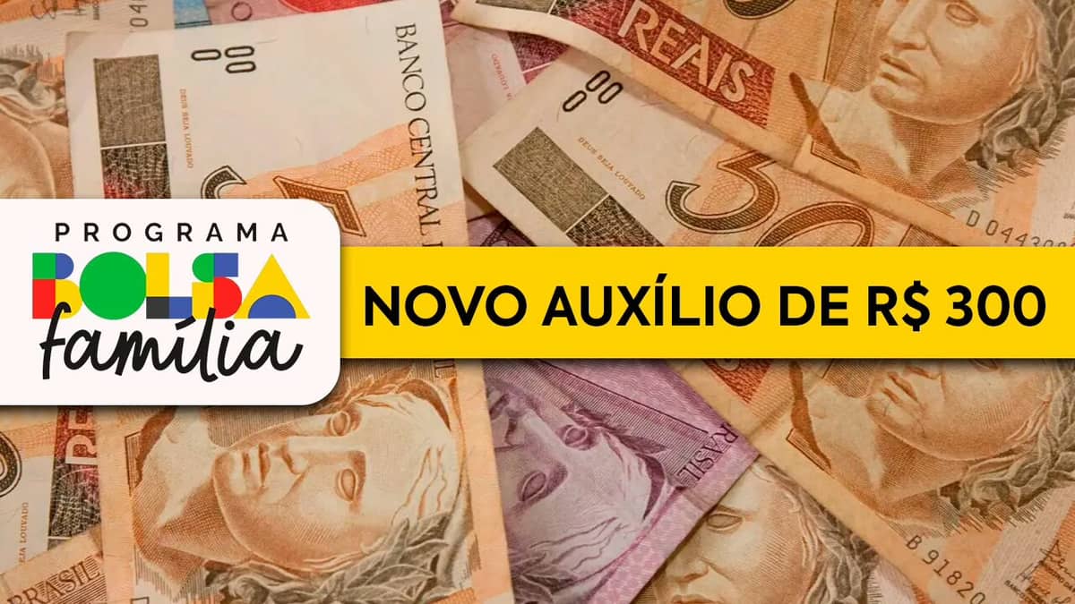 Notas de real, logo do Bolsa Família e escrito "Novo Auxílio de R$ 300"