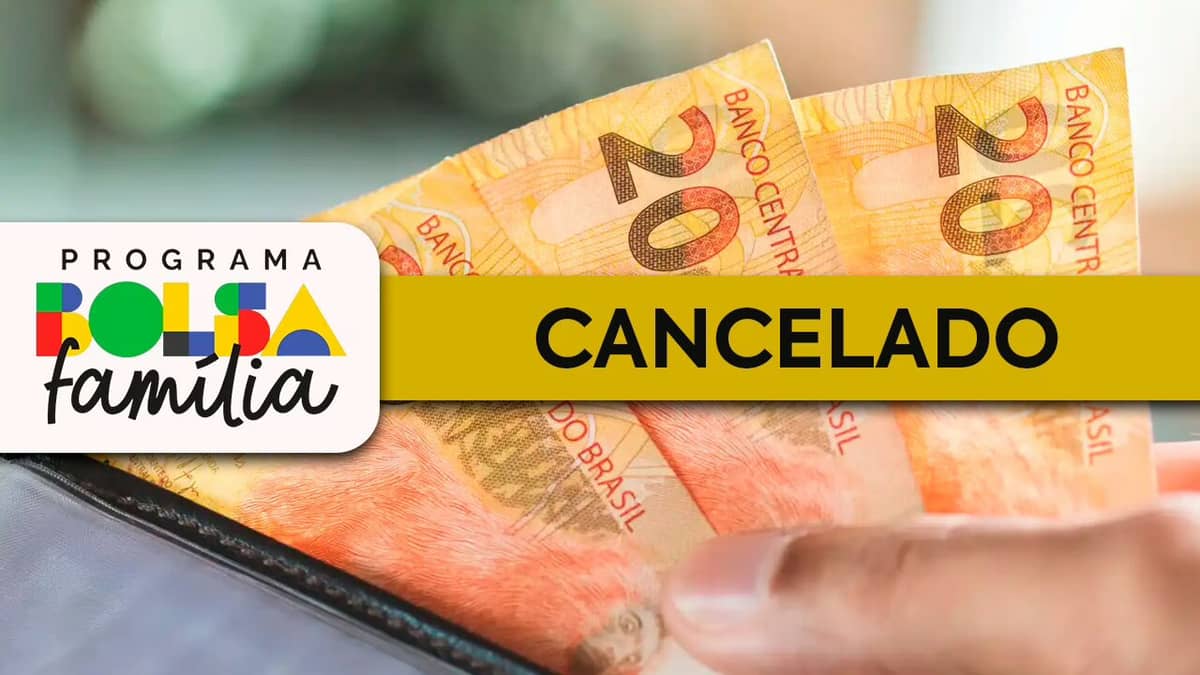 Notas de 20 reais, logo do Bolsa Família e escrito "Cancelado"