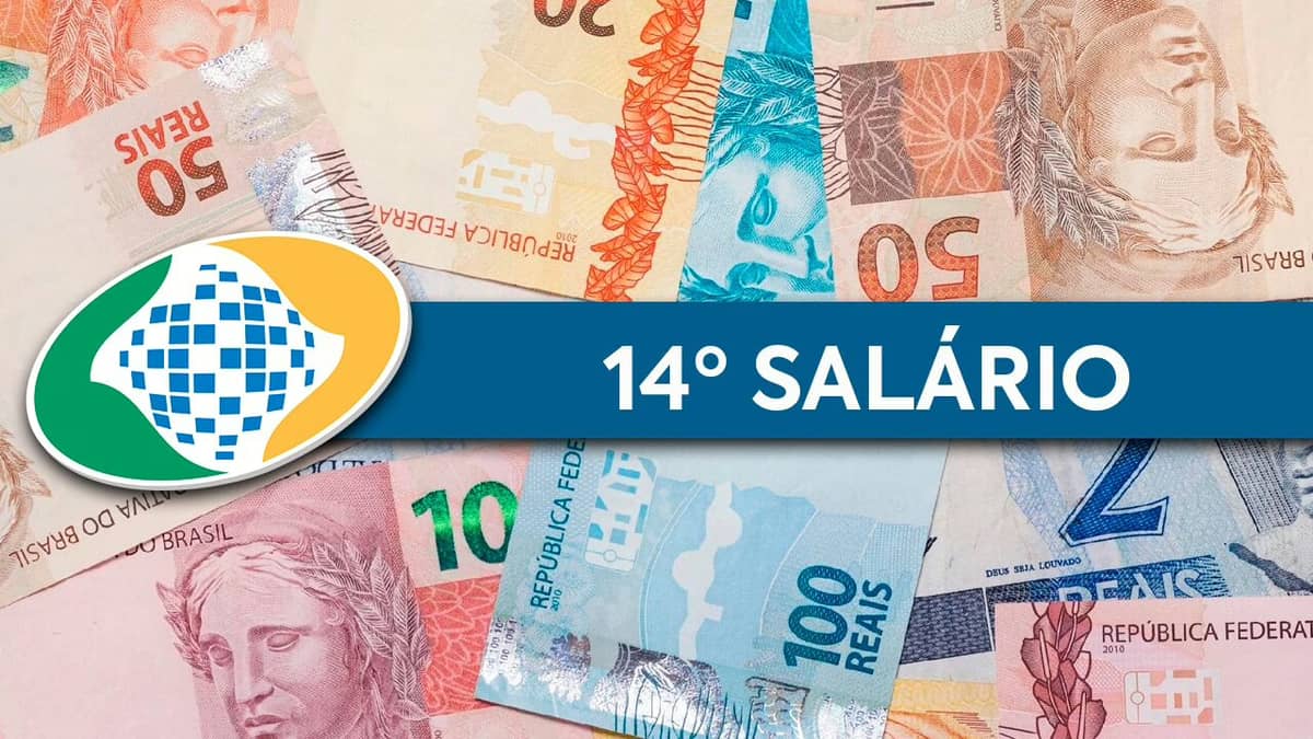 Notas de real, logo do INSS e escrito "14° salário"